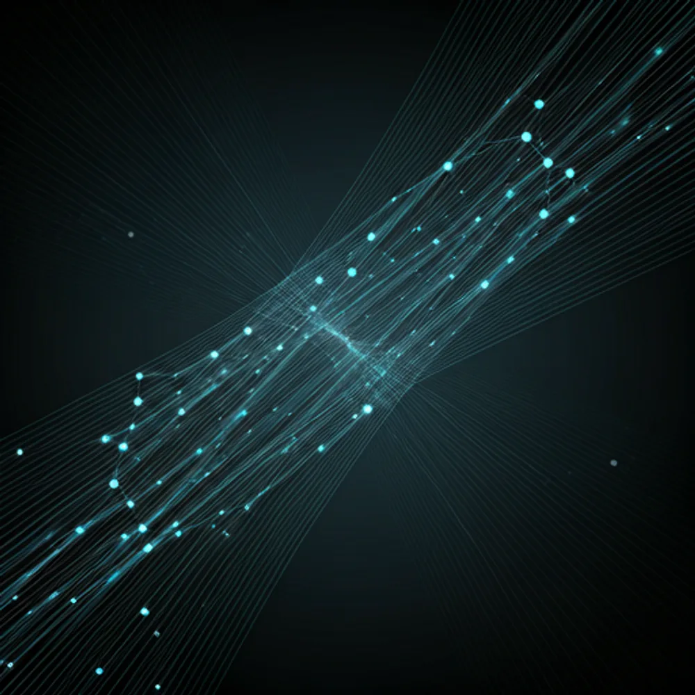 Red de nodos y conexiones digitales luminosas en tonos turquesa sobre fondo oscuro, representando transformación digital